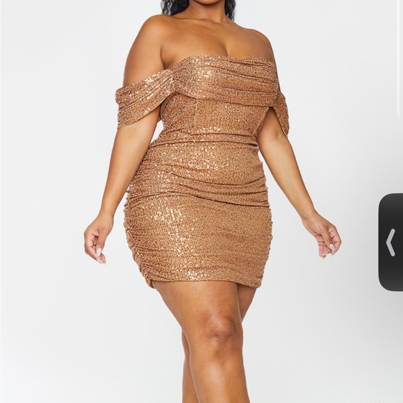 Evening Gown Plus Size Sequin Bodycon Dress PrettyLittleThing Dresses Plus  Cream Sequin Bardot Bodycon Dress From